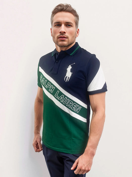 Blue/Green Colorblock Diagonal Stripe Polo Shirt for Men