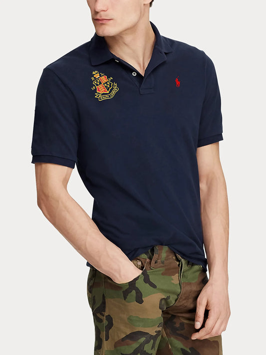 Embroidered Logo Navy Blue Classic Polo Shirt For Men