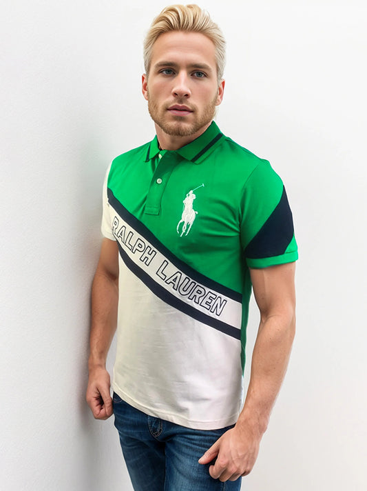 Green/White Colorblock Diagonal Stripe Polo Shirt for Men
