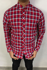 Men Red Checkered Button Down Collar Shirt