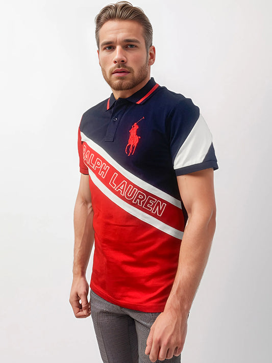 Red/Blue Colorblock Diagonal Stripe Polo Shirt for Men