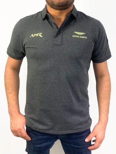 Men's Printed Polo Neck Black Shoulder Charcoal Grey T-Shirt